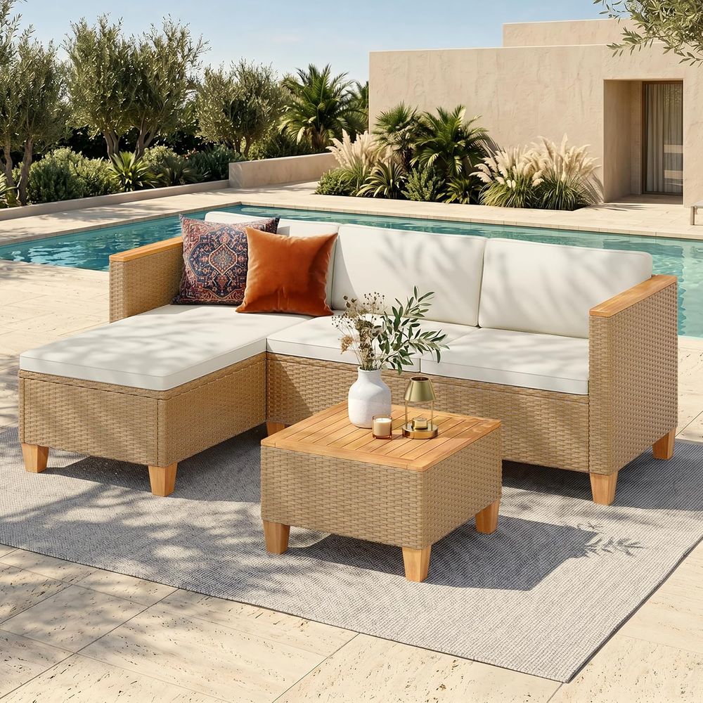 Outdoor Furniture Yellow - Conjunto seccional de mimbre para exteriores